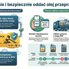 Jak legalnie oddać zużyty olej? Proces odbioru krok po kroku: kontakt, wycena, odbiór cysterną ADR, dokumentacja e-KPO. Obowiązkowa rejestracja w BDO.