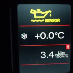 Kontrolki Audi A4 B6: wskaźnik poziomu oleju, temperatura +0.0°C, spalanie 3.4 L/100km.