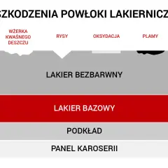 Schemat uszkodzeń lakieru: rysy, wżerki, oksydacja. Polerowanie rys na lakierze przywraca blask. Warstwy: bezbarwny, bazowy, podkład, panel.
