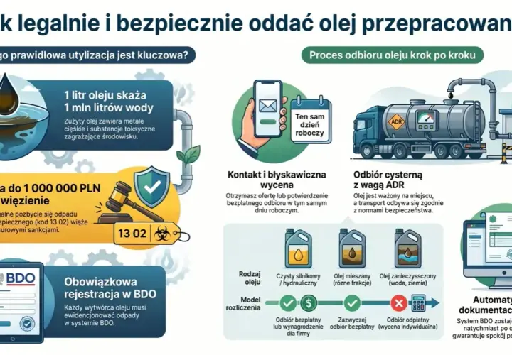 Jak legalnie oddać zużyty olej? Proces odbioru krok po kroku: kontakt, wycena, odbiór cysterną ADR, dokumentacja e-KPO. Obowiązkowa rejestracja w BDO.