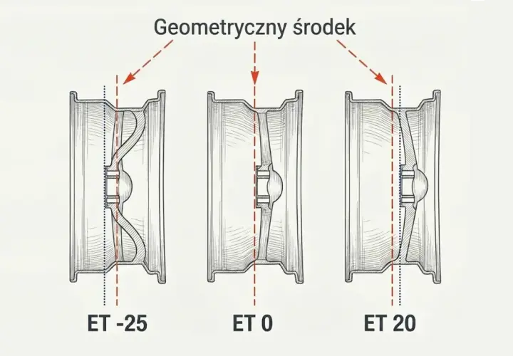 Ilustracja pokazuje, jak różne wartości ET (np. ET38) wpływają na położenie felgi względem piasty.