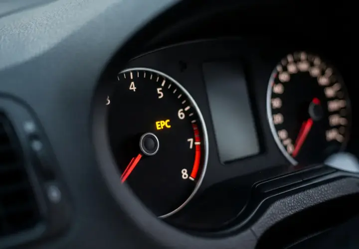 Na desce rozdzielczej Audi świeci się żółta kontrolka EPC, sygnalizując problem z silnikiem lub układem sterowania.