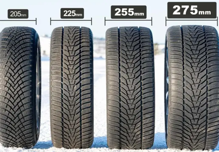 Cztery opony zimowe o szerokościach 205mm, 225mm, 255mm i 275mm. Szersze opony mogą wpływać na spalanie.