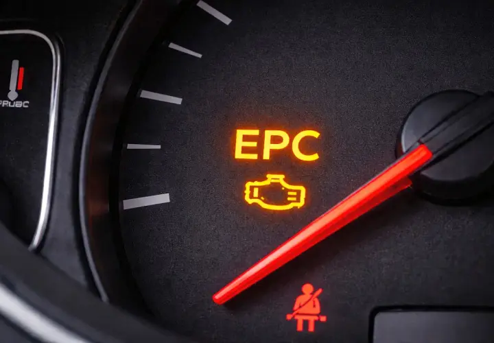 Na desce rozdzielczej Skoda Fabia świeci się pomarańczowa kontrolka EPC, sygnalizując problem z silnikiem.