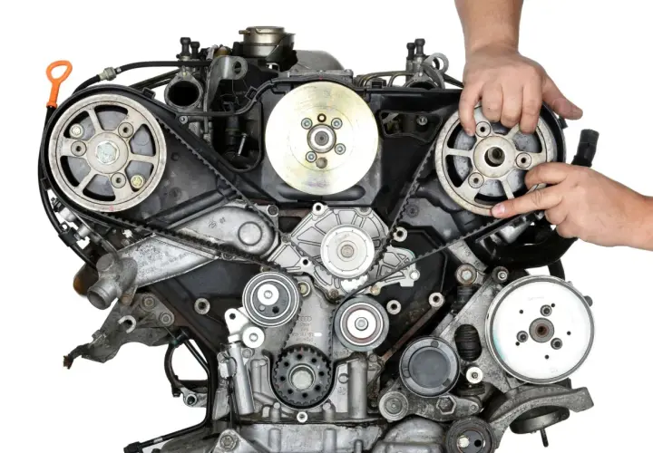 Silnik 2.0 TDI 140km. Sprawdź, co ile wymiana rozrządu, by uniknąć awarii. Mechanik pokazuje elementy układu.