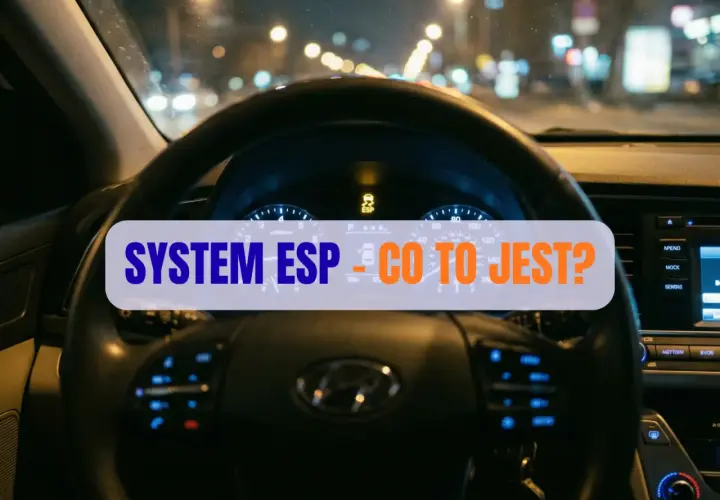 Widok z wnętrza auta nocą. Na desce rozdzielczej świeci się kontrolka ESP, a na ekranie tekst "SYSTEM ESP - CO TO JEST?".