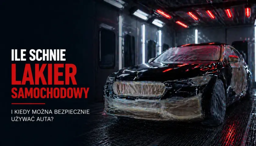 Czarny samochód w kabinie lakierniczej. Tekst: "Ile schnie lakier samochodowy i kiedy można bezpiecznie używać auta?".