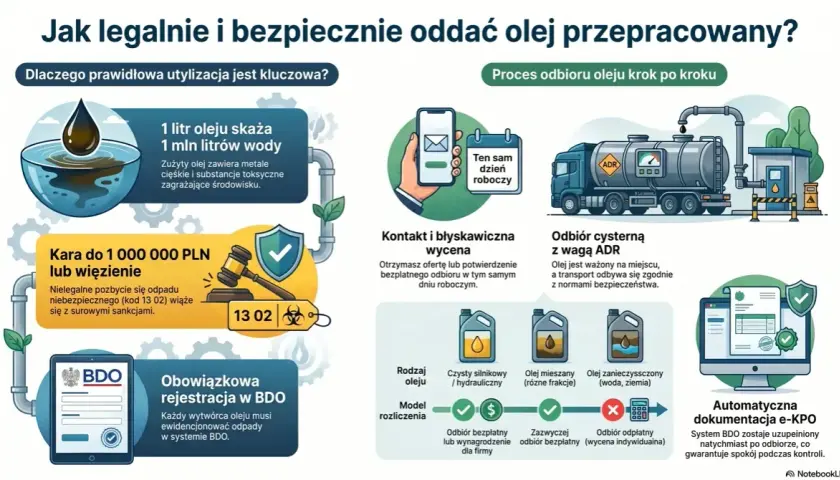 Jak legalnie oddać zużyty olej? Proces odbioru krok po kroku: kontakt, wycena, odbiór cysterną ADR, dokumentacja e-KPO. Obowiązkowa rejestracja w BDO.