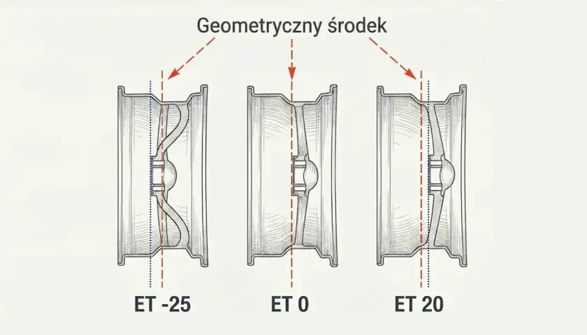 Ilustracja pokazuje, jak różne wartości ET (np. ET38) wpływają na położenie felgi względem piasty.