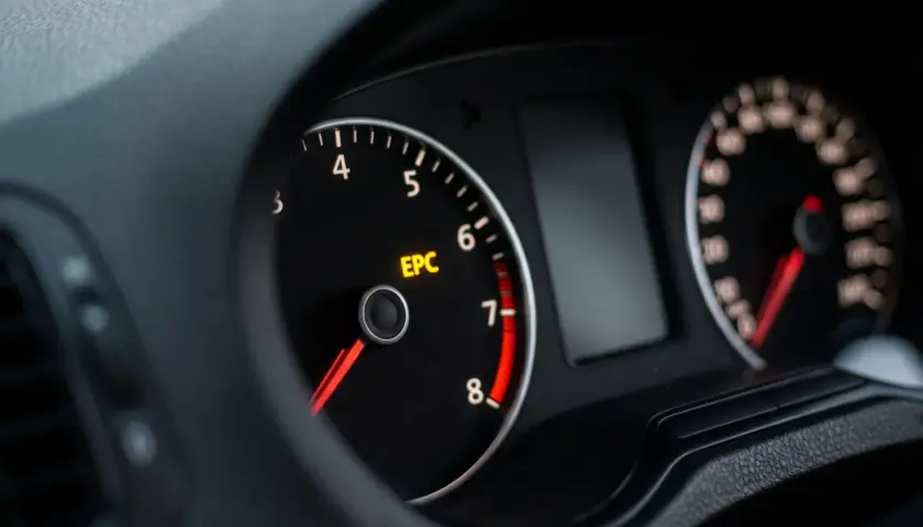 Na desce rozdzielczej Audi świeci się żółta kontrolka EPC, sygnalizując problem z silnikiem lub układem sterowania.