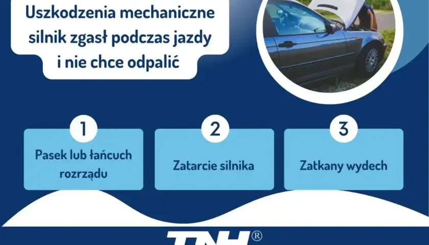 Auto odpala i gaśnie? Przyczyny: pasek rozrządu, zatarcie silnika, zatkany wydech. Mechanik sprawdza silnik pod maską.