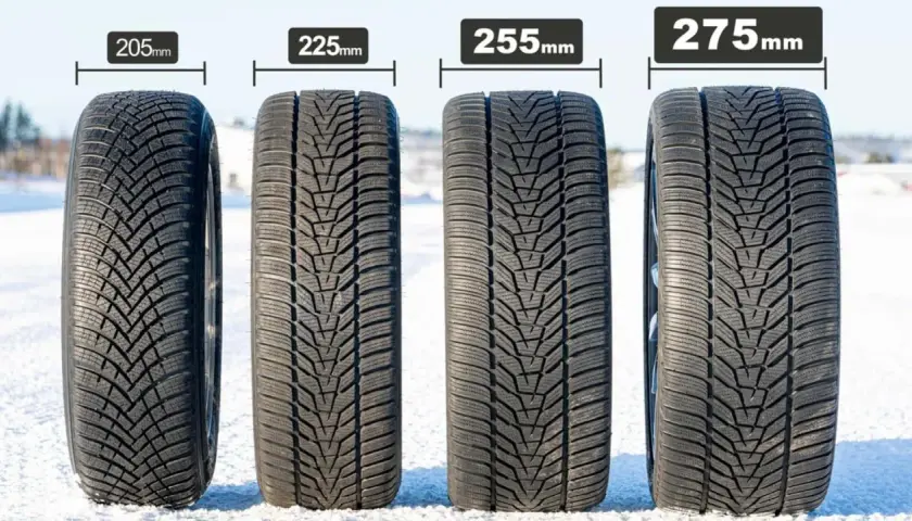 Cztery opony zimowe o szerokościach 205mm, 225mm, 255mm i 275mm. Szersze opony mogą wpływać na spalanie.