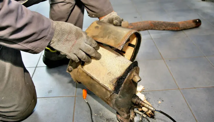 Mechanik w rękawiczkach rozkłada zapchany filtr DPF, przygotowując go do wypalania.