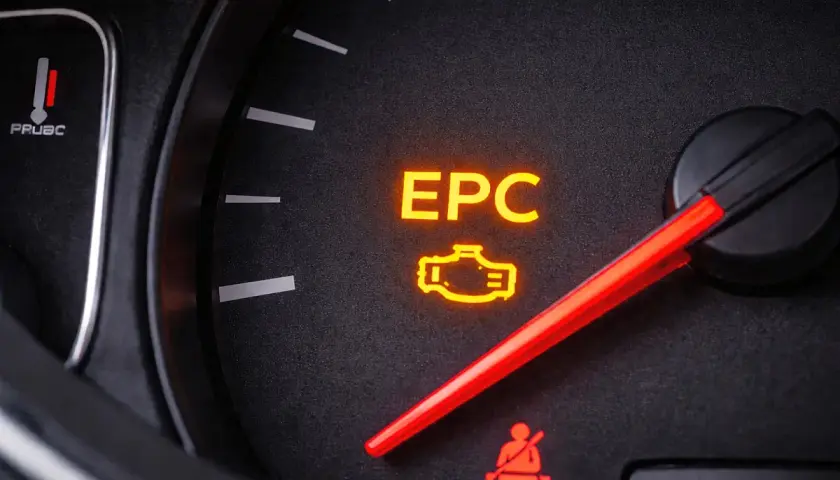 Na desce rozdzielczej Skoda Fabia świeci się pomarańczowa kontrolka EPC, sygnalizując problem z silnikiem.