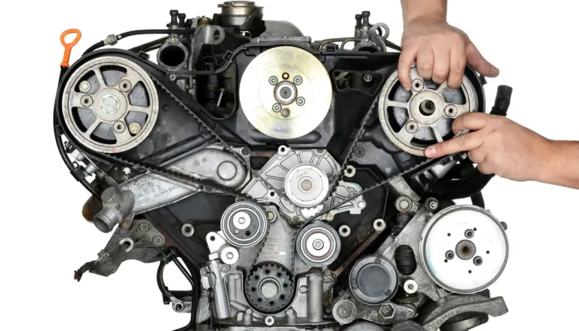 Silnik 2.0 TDI 140km. Sprawdź, co ile wymiana rozrządu, by uniknąć awarii. Mechanik pokazuje elementy układu.