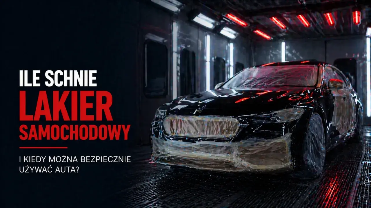 Czarny samochód w kabinie lakierniczej. Tekst: "Ile schnie lakier samochodowy i kiedy można bezpiecznie używać auta?".