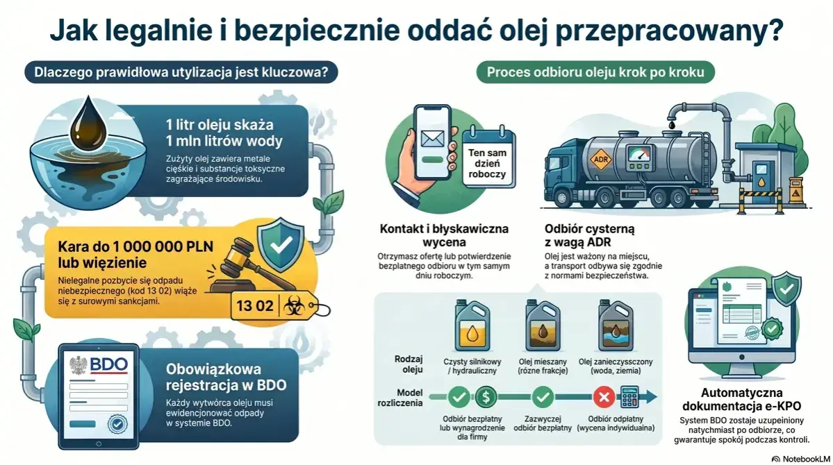 Jak legalnie oddać zużyty olej? Proces odbioru krok po kroku: kontakt, wycena, odbiór cysterną ADR, dokumentacja e-KPO. Obowiązkowa rejestracja w BDO.