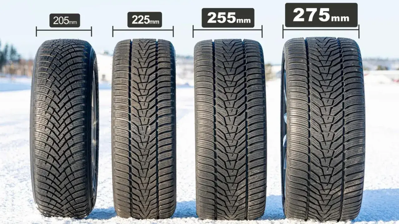 Cztery opony zimowe o szerokościach 205mm, 225mm, 255mm i 275mm. Szersze opony mogą wpływać na spalanie.