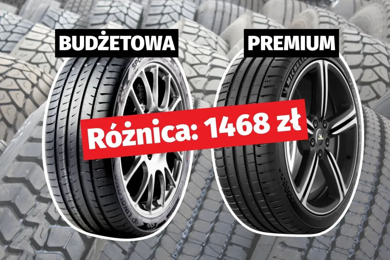 Porównanie dwóch rodzajów opon: budżetowej i premium. Różnica w cenie wynosi 1468 zł.