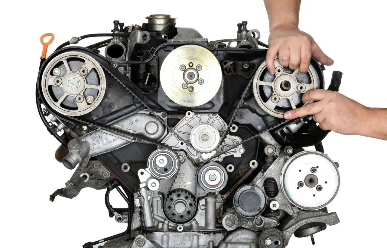 Silnik 2.0 TDI 140km. Sprawdź, co ile wymiana rozrządu, by uniknąć awarii. Mechanik pokazuje elementy układu.